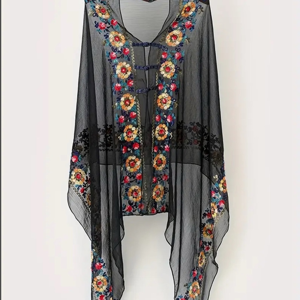 Black Sheer Shaw  with Floral Embroidery